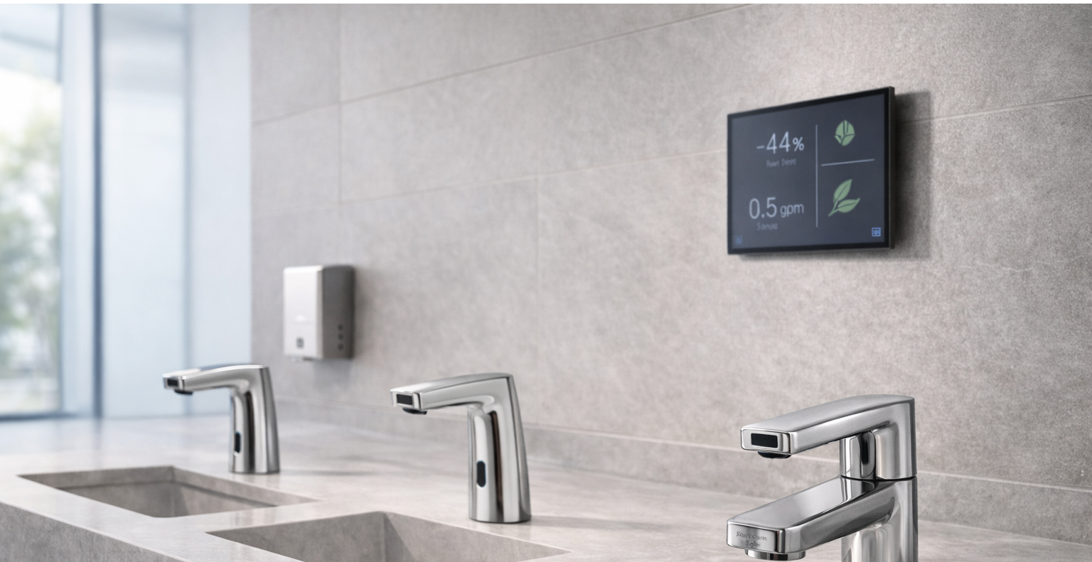 Commercial restroom touchless faucet installation in high-traffic environment